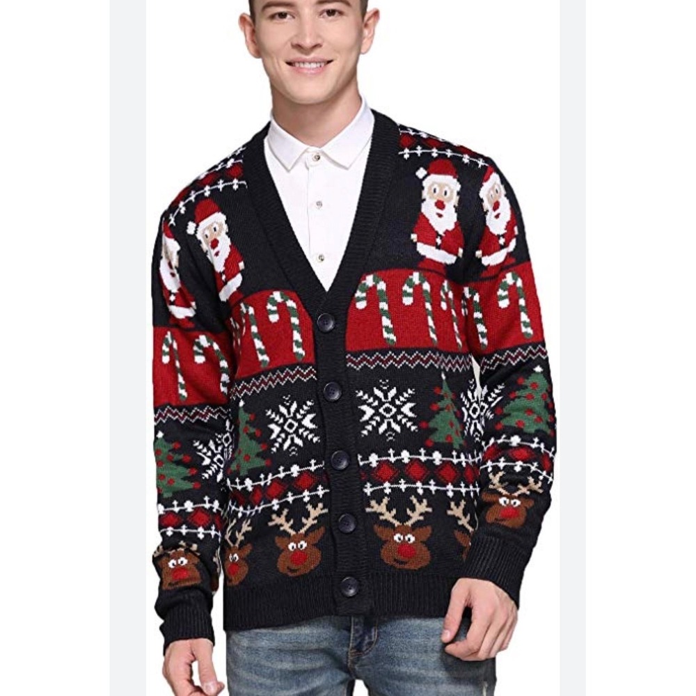 Daisys Boutique Mens Christmas Cardigan‎ Sweater Navy Santa Rudolph Size Small